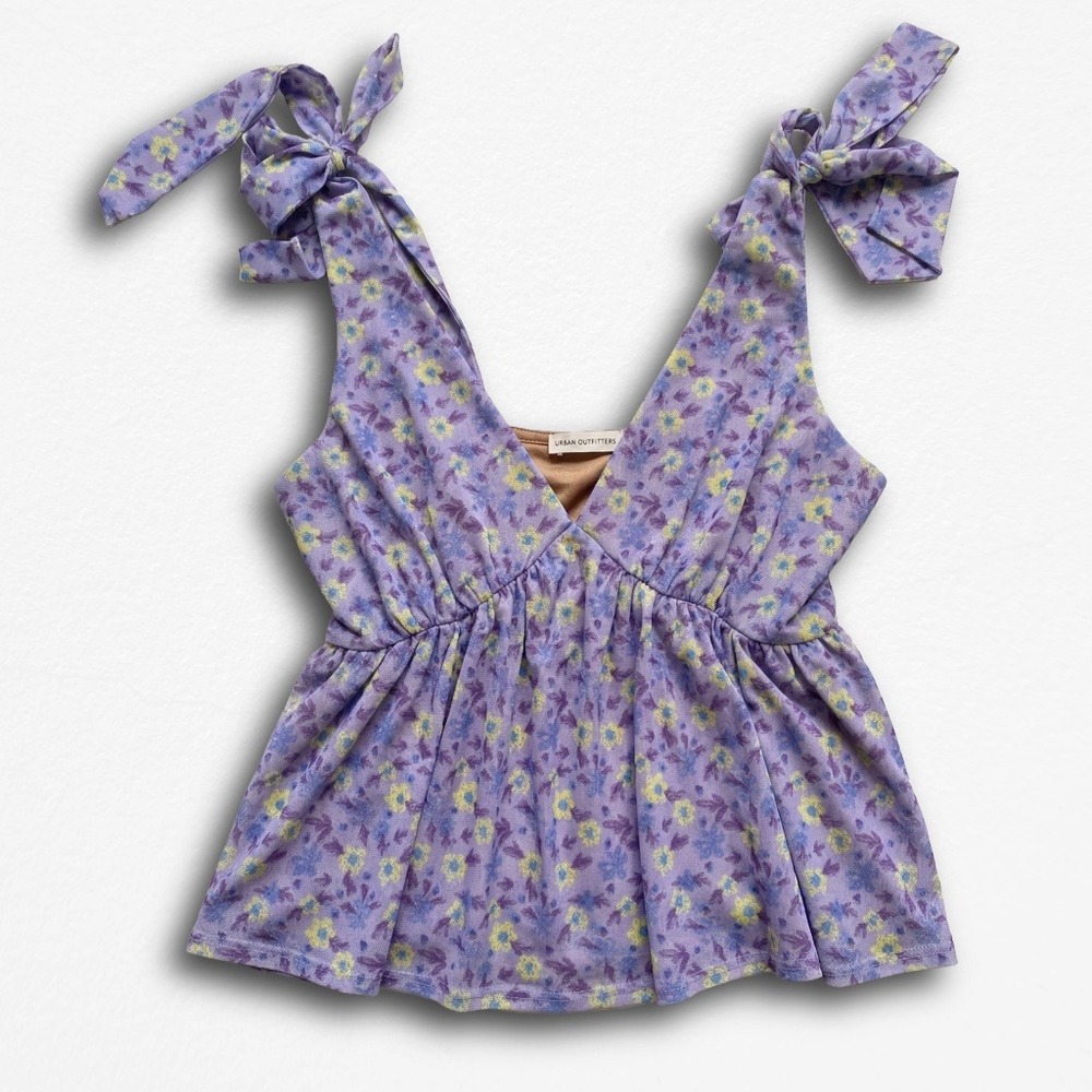 Lucid Pink‎ Purple Floral Tie Shoulder Peplum Tank Top V-Neck Womens Small